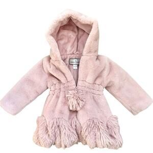 American Widgeon Girls Pink Long Sleeve PomPom Hooded Faux Fur Coat Kids 2 NWT